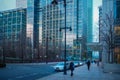 View of streets and buildings of Canary Wharf business district in winter, London. Royalty Free Stock Photo