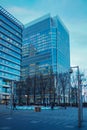 View of streets and buildings of Canary Wharf business district in winter, London. Royalty Free Stock Photo