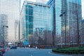 View of streets and buildings of Canary Wharf business district in winter, London. Royalty Free Stock Photo