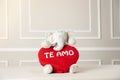 View of a stuffed elephant holding a heart with Te Amo writing on it - valentine's concept