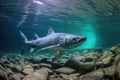 a view of a sturgeon swimming near the rocky floor of a deep lake