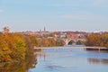 A view on suburban Washington DC in autumn with university buildings and bridges across Potomac River. Royalty Free Stock Photo