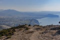 View on Sudak, sea, mount and cape from the top of Falcon Sokol mountain at morning . Crimea Royalty Free Stock Photo