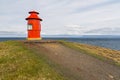 View of the Sugandisey Island Lighthouse in small town Sykkisholmur, Iceland