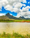 View of a sugarcane and mountains. Mauritius. Panorama Royalty Free Stock Photo