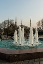 View of Sultan Ahmad Maydan Fountain in Istanbul at sunset. Turkey