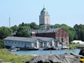 View of summer coast of sea, old historic buildings in Suomenlinna, Finland