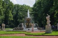 View of the Summer Garden park opened after the Covid-19 pandemic in the city center, the main fountain with many sculptures, visi