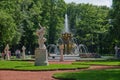 View of the Summer Garden park opened after the Covid-19 pandemic in the city center, the main fountain with many sculptures, visi