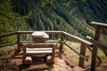 View on the summer landscape mountains from wooden bench. Rabby Valley, Trentino Alto Adige, Italy Royalty Free Stock Photo