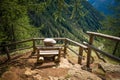 View on the summer landscape mountains from wooden bench. Rabby Valley, Trentino Alto Adige, Italy Royalty Free Stock Photo