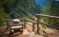 View on the summer landscape mountains from wooden bench. Rabby Valley, Trentino Alto Adige, Italy Royalty Free Stock Photo