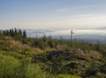 View of summer morning mountains, blue misty slopes of mountains in the distance. Tall pine trees and coniferous forest Royalty Free Stock Photo