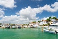 view of summer yacht in harbour. photo of summer harbour with yacht docked.