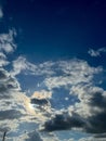 Portrait-orientation photo of the sun behind the clouds in the blue sky. Royalty Free Stock Photo