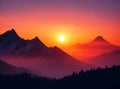 View of the sun setting through the big mountains at a beautiful sunset