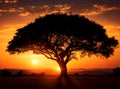 View of the sun setting through a large tree in a forest during a beautiful sunset