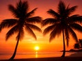 The view of the sun shining through the big coconut trees on the beach during a beautiful sunset