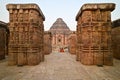 View of Sun temple between two intricately carved pillars at early hours, Konark, India. Royalty Free Stock Photo