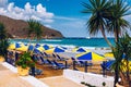 View of sunbeds awaiting tourists at the Greek island resort of Georgioupolis on Crete north coast. Georgioupoli is a resort