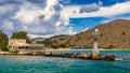 View of sunbeds awaiting tourists at the Greek island resort of Georgioupolis on Crete north coast. Georgioupoli is a resort
