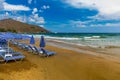 View of sunbeds awaiting tourists at the Greek island resort of Georgioupolis on Crete north coast. Georgioupoli is a resort