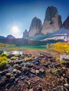 View of the sunny Lago Rienza - Ursprung in National Park Tre Ci