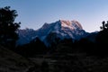 View of sunrise on Chaukhamba peaks of Garhwal himalayas of uttrakhand from Deoria Tal camping site. Royalty Free Stock Photo