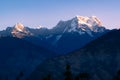 View of sunrise on Chaukhamba peaks of Garhwal himalayas of uttrakhand from Deoria Tal camping site.