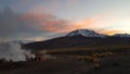 View at sunrise of El Tatio geyser field located in the Andes Mountains, Chile
