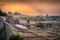 View of sunrise at Pushkarni, Sri Krishna tank in ruins. Hampi, karnataka, India