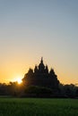 The view of the sunrise in a village with a plaosan buddhist temple background in Yogyakarta, Indonesia