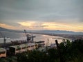 View of the sunset in the Gulf of Naples Mount Vesuvius and the port Royalty Free Stock Photo