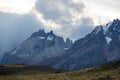 View at sunset of the landscape of the Torres del Paine mountains in autumn, Torres del Paine National Park, Chile Royalty Free Stock Photo