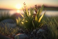 The view of the sunset through the leaves of green grass. The concept of the beginning of spring or summer AI generation