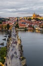 View at sunset from Old Town Bridge tower over the historical Charles bridge, Castle district and St. Vitus Cathedral, Prague, Cze Royalty Free Stock Photo