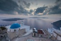 View of the sunset over the caldera, Catholic Church, Fira, Thira, Santorini, Greece Royalty Free Stock Photo