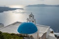 View of the sunset over the caldera, Catholic Church, Fira, Thira, Santorini, Greece Royalty Free Stock Photo