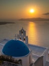 View of the sunset over the caldera, Catholic Church, Fira, Thira, Santorini, Greece Royalty Free Stock Photo