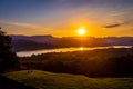 View of sunset over Windermere in Lake District, a region and national park in Cumbria in northwest England Royalty Free Stock Photo