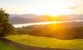 View of sunset over Windermere in Lake District, a region and national park in Cumbria in northwest England Royalty Free Stock Photo