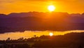 View of sunset over Windermere in Lake District, a region and national park in Cumbria in northwest England Royalty Free Stock Photo