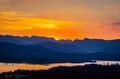 View of sunset over Windermere in Lake District, a region and national park in Cumbria in northwest England Royalty Free Stock Photo