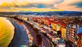 View of sunset at sea of Mediterranean Sea, Bay of Angels, Cote d`Azur, French Riviera, Nice, France Royalty Free Stock Photo