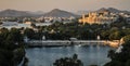 View at sunset of Udaipur city, lakes, palaces and countryside from the Karni Mata Ropeway , Udaipur, Rajasthan