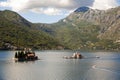 View on Sv.Djordje (left) and Gospa od Skrpjela ( right) alo known as Church Our Lady of the rocks in the morning. Perast, Monte Royalty Free Stock Photo