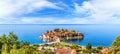 View on Sveti Stefan island from the rock, aerial panorama, Budva region, Montenegro