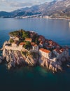 View of Sveti Stefan, a town in Budva Municipality, Budva Riviera, on the Adriatic sea coast, Saint Stephen island, Montenegro,