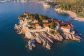 View of Sveti Stefan, a town in Budva Municipality, Budva Riviera, on the Adriatic sea coast, Saint Stephen island, Montenegro,