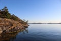 View from the Swedish coastline out onto the islands and sea of the Stockholm archipelago, Dalaro, Sweden.